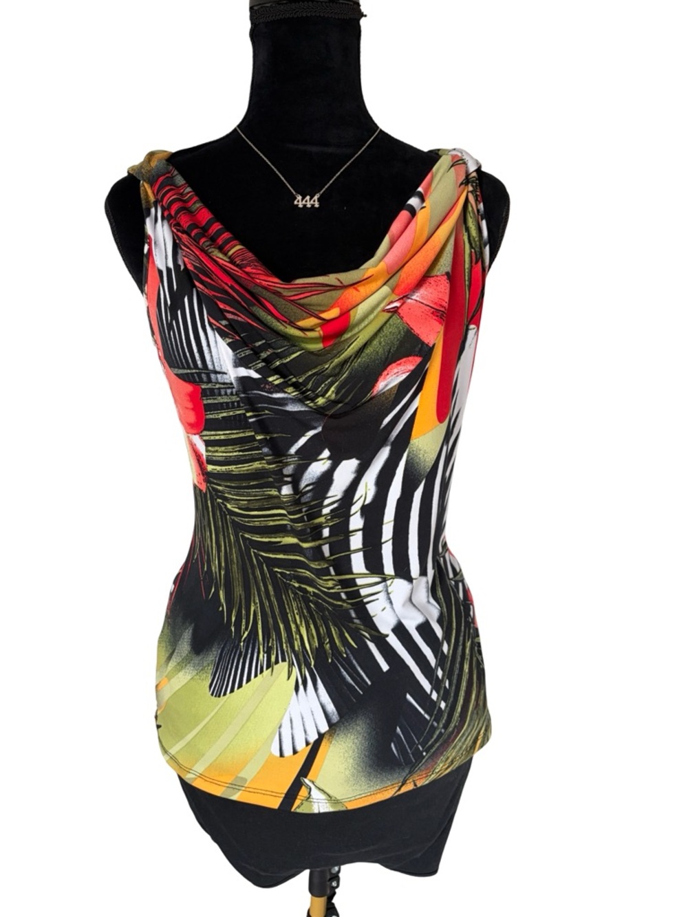 Vintage Libra M Draped Tropical Print Cowl Neck Women's Top - Black Multicolor
